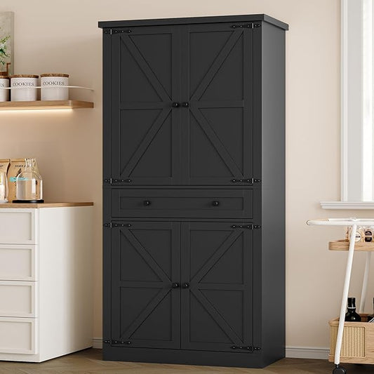 Pantry Organizers and Storage Cabinet, 70” Barn Door White Kitchen Cabinet