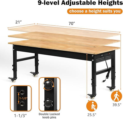 Betterhood 70" Adjustable Workbench on Wheels, 2000 LBS Heavy Duty Work Table with Power Outlets & Pegboard, Rubber Wood Workstation for Garage, Workshop, Office, Home, Commercial