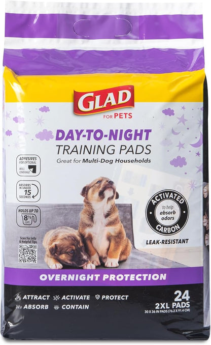 Glad for Pets Giant Activated Carbon Training Pads, 30 x 36 In, 24 Ct, 6-Pk | Adhesive backing and wall protection for leak-proof, super-absorbent day-to-night coverage