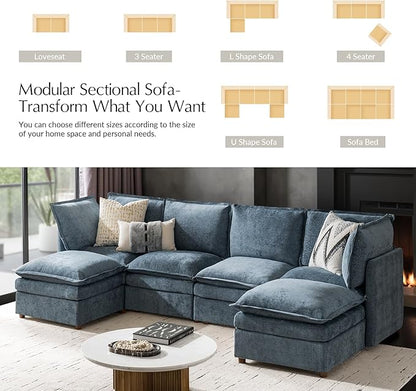 HULALA HOME 128'' Oversized Modular Sectional Sofa with Dual-Layered Cushions, U Shaped 6 Seater Couch with Storage Ottoman and Removable Cover, Modern Deep Seat Cloud Couch for Living Room, Blue