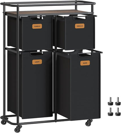 VASAGLE Laundry Sorter, Laundry Hamper with Wheels, 39.6 Gal. (150 L) Portable Rolling Cart Baskets with Shelf, 4 Removable Liners and 6 Labels, Ink Black and Chestnut Brown URLS100B01