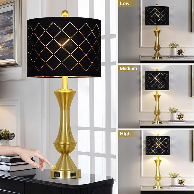 29" Gold Modern Table Lamps Set of 2, 3-Way Dimmable Touch Lamps for Nightstand with USB A+C & Outlets,Brass Lamps for Living Room, Bedroom, Nightstand, Entryway(2 Bulbs Included)