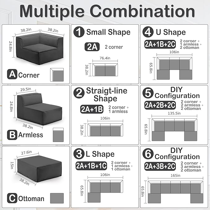 76" Sectional Compressed Sofa Modular Couches Loveseat 2 Deep Seat,High-Density Foam No Assembly Required,2-Piece(2xCorner) for Living Room Fabric Chenille Dark Grey