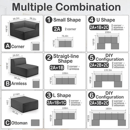 76" Sectional Compressed Sofa Modular Couches Loveseat 2 Deep Seat,High-Density Foam No Assembly Required,2-Piece(2xCorner) for Living Room Fabric Chenille Dark Grey