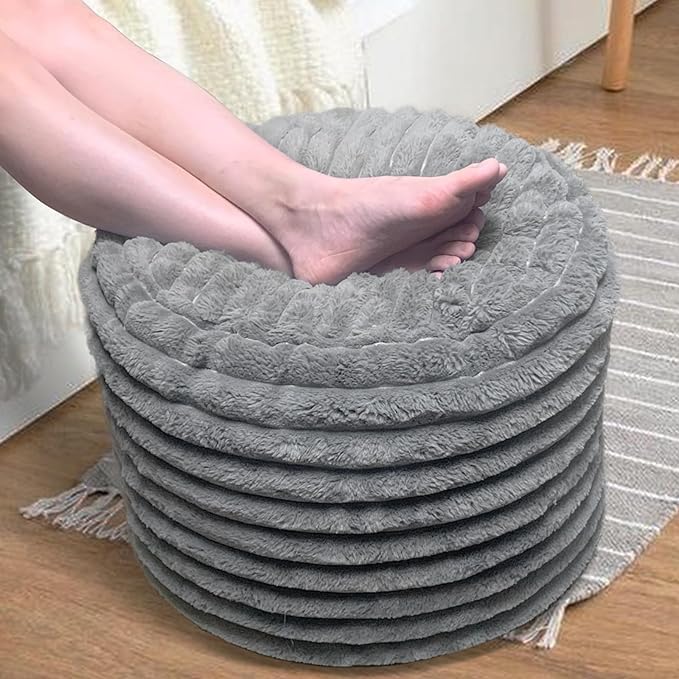 Pouf Ottoman Stuffed Round for Foot Rest, Faux Fur Poufs with Foam Chunk Filling, Storage Ottoman Pouf Foot Stool Cushion, 26 X 18 Inch Floor Chair for Living Room Bedroom Home Decor, Light Gray