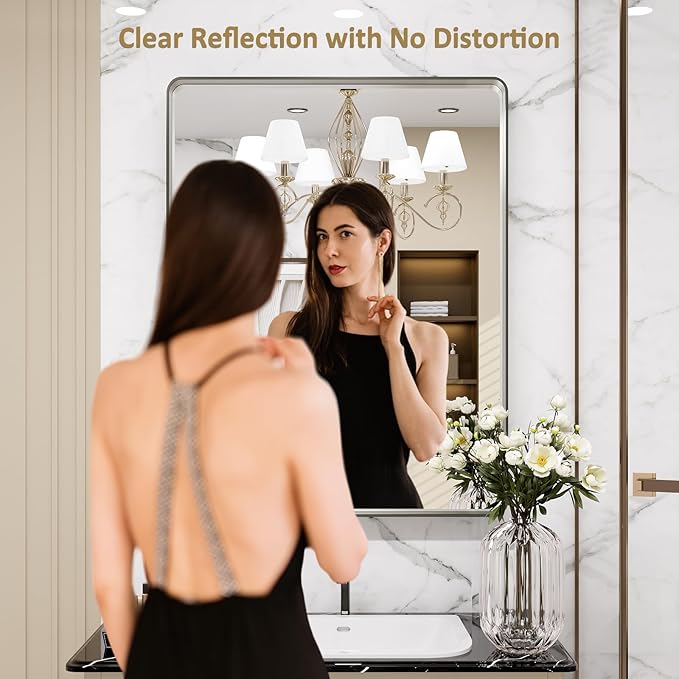 LOAAO 32X36 Inch Brushed Nickel Bathroom Mirror, Rounded Rectangle Silver Metal