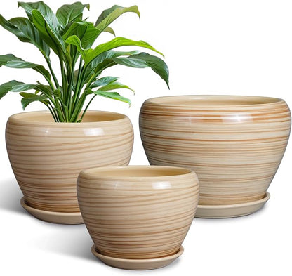 Ceramic Pots for Plants - 10 Inch 8 Inch 6 Inch Plant Pots with Drainage Holes and Saucers Large Planters for Indoor Plants Decorative Outdoor Flower Pots Set of 3 Yellow