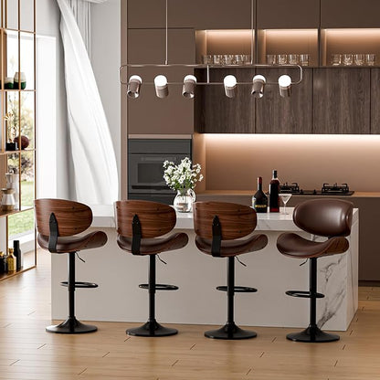 Aowos Bar Stools, Adjustable Swivel Barstools for Kitchen Island, Mid Century Modern Leather Upholstered Counter Height Bar Chairs with Back & Footrest (Brown 1PCS)