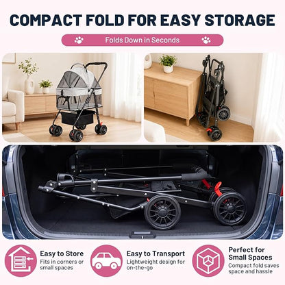 Dog Stroller for Small Dogs, Panoramic Mesh Pet Cat Stroller with Detachable Carrier, Foldable Pet Stroller up to 35 lb, with Safety Tether, Puppy Doggie Stroller for Medium Dogs 20 lbs Grey