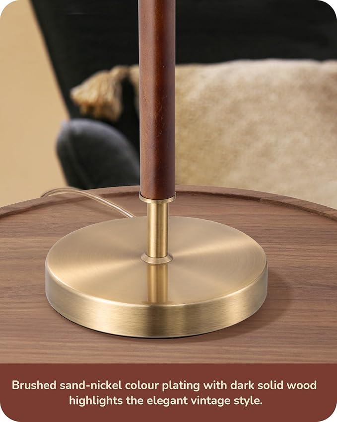EDISHINE Mid Century Table Lamp, Bedside Lamp with Pull Chain Switch, Solid Wood & Metal Pole, Modern Nightstand Table Lamp for Living Room, Bedroom, Office, Frosted Bronze & Wood Finish
