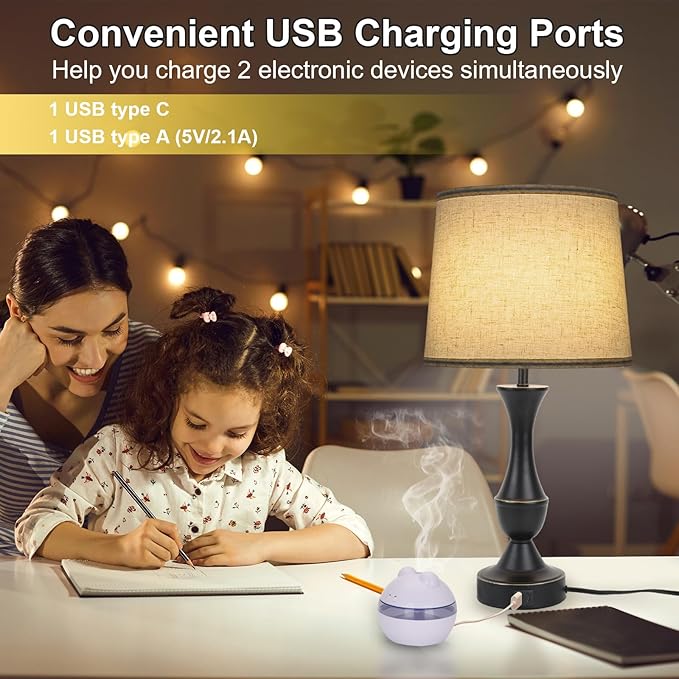 Touch Lamps for Bedrooms Set of 2, Farmhouse Table Lamp with USB C Charging Port, 3 Way Dimmable Nightstand Lamps with Linen Fabric Lampshade for Bedroom, Living Room (Pack2-Black)