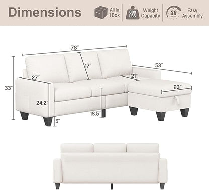 ZeeFu Couch for Living Room - 78'' Beige Linen 3 Seat L-Shaped Sectional Sofa Couches with Storage Ottoman - Modern Small Space Upholstered Furniture Sofa Set for Office Small Space Apartment Bedroom