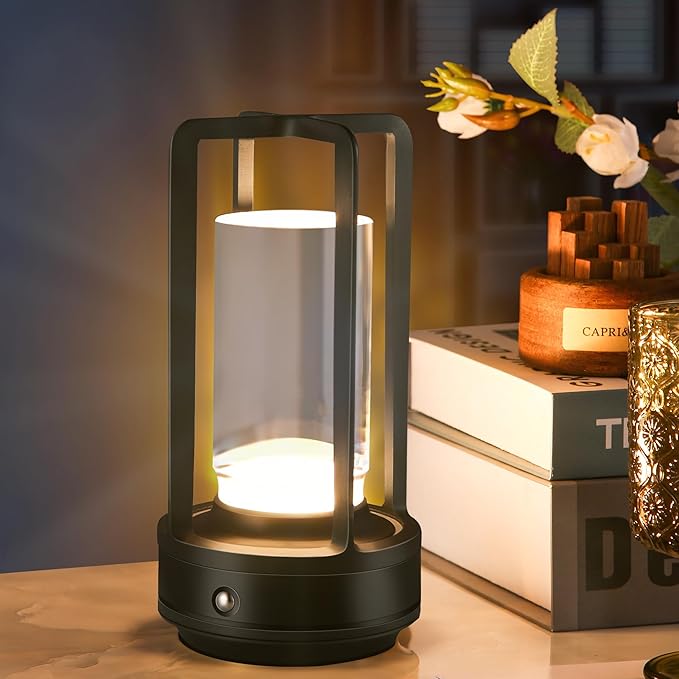 Portable Metal Table Lamp,Cordless Table Lamp, Rechargeable Battery Operated Lights, LED Table Lamps, 3 Color Stepless Dimming Touch, for Bedroom Restaurant Home Outdoor (Black)