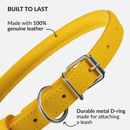 CollarDirect Rolled Leather Dog Collar, Soft Padded Round Puppy Collar, Handmade Genuine Leather Collar Dog Small Large Cat Collars 13 Colors (18-22 Inch, Yellow Smooth)