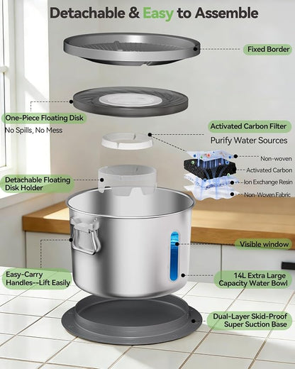UPSKY 14L No Spill Dog Water Bowl, Spill Proof Slow Drinking for Large Dogs | Extra-large Capacity, 304 Stainless Steel, Dual-suction Anti-slip Base, Floating Disk, Water Window, For Messy Drinkers, Grey