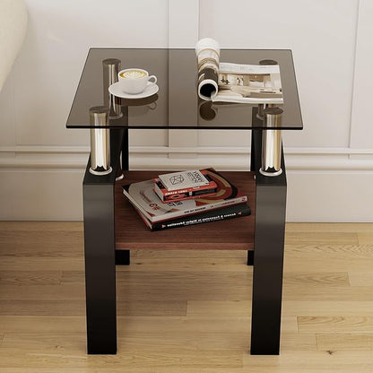 Set of 2 Modern Square Tea Tables, Tempered Glass Coffee and End Tables with MDF Layer for Living Room, Gray/Black