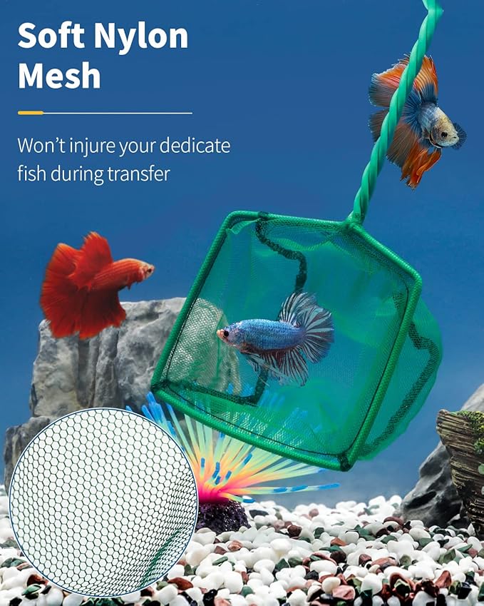 Pawfly Aquarium Fish Net with Braided Metal Handle Square Net with Soft Fine Mesh Sludge Food Residue Wastes Skimming Cleaning Net for Fish Tanks Small Koi Ponds and Pools
