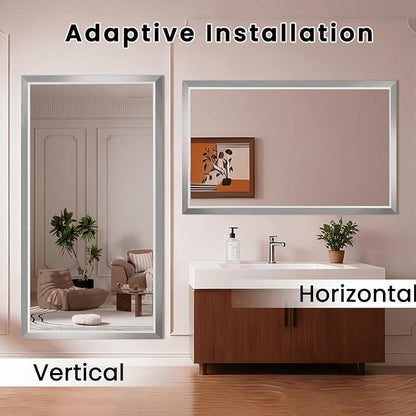 Amorho Bathroom Mirror, 55x40 Inch Silver Thick Metal Framed Wall Mirrors