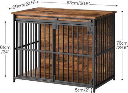 HOOBRO Dog Crate Furniture, 36.6" Heavy Duty Dog Kennel with Sliding Barn Door, Wooden Dog Cage Indoor, Decorative Side End Table for Small/Medium Dogs, Rustic Brown and Black FG162GW03G1