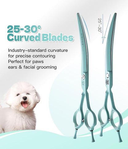 Fenice Peak 7" Professional Dog Grooming Scissors Set, Japanese 440C Stainless Steel Straight Thinning Curved Chunker Shears for Pet Grooming, Trimming Face, Paws, Green