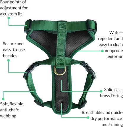 Adventure Dog Harness - Stylish and Durable Large Dog Harness for Outdoor Adventures and Everyday Wear - Forest Green Neoprene Adjustable Harness for Dogs with Reflective Piping & Brass D-Ring