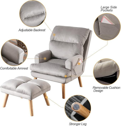 CANMOV Modern Accent Chair with Ottoman, Soft Fabric Armchair with Adjustable Backrest and Side Pockets, Comfy Lounge Chair for Living Room, Bedroom, Apartment, Office, Grey