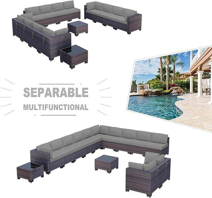 Kullavik 14 Pieces Outdoor Patio Furniture Set,Sectional Rattan Sofa Set Brown PE Rattan Wicker Patio Conversation Set with Tempered Glass Coffee Tables and Washable Cushions Covers,Grey
