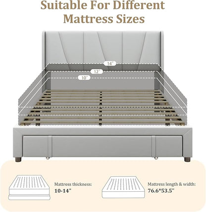 Full Bed Frame with Storage Drawers, Upholstered Full Size Platform Bed with 47" Tall Headboard and Wingboard, No Box Spring Needed, Noise Free, Easy Assembly, Wooden Support Slats, Light Grey