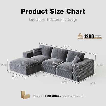 ZIGHTH 108" Plush Corduroy L Shaped Sectional Cloud Sofa Couch with Ottoman, Soft Deep Seat Modular Sectional Couches for Living Room,No Assembly. Grey
