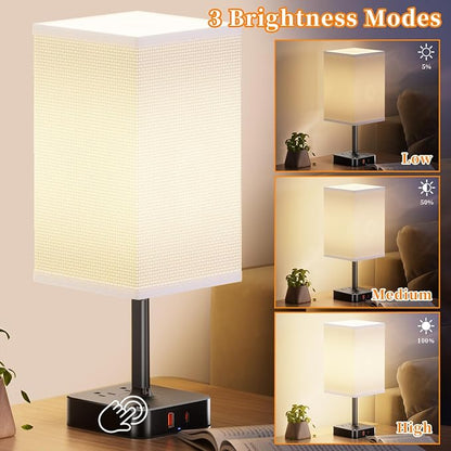 Remote Control Bedside Lamp with USB-C & USB-A Charging Ports, 2 AC Outlets, Stepless Dimming Nightstand Lamp for Bedroom- Touch & Remote Control,Warm Soft Light Table Lamp for Home, Office,Decoration