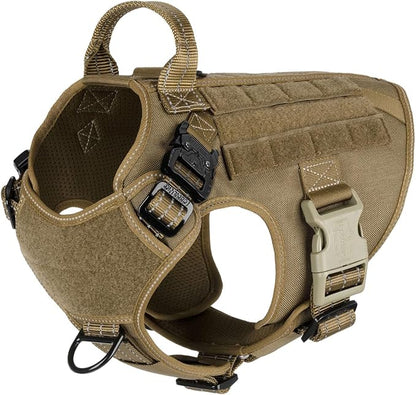 ICEFANG Tactical Dog Harness for Medium Dogs,Reflective No Pull Dog Vest | with Control Handle,Adjustable,Front Hook,2 Leash Clips,Soft Padded,MOLLE Panel,Brown,Medium