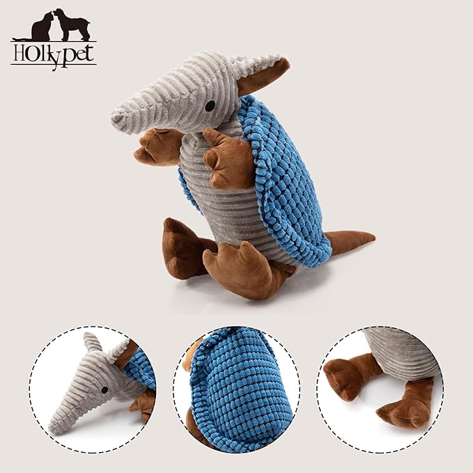 Hollypet Plush Dog Squeaky Toy Stuffed Armadillo Animal Pet Puppy Chew Toys with Clean Teeth for Small Medium Large All Breed Sizes Dogs, Blue, 14 in