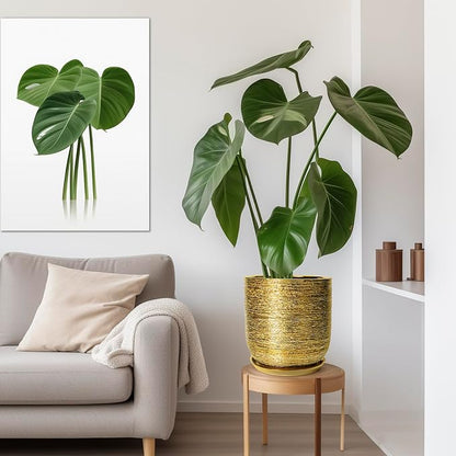 Ceramic Pots for Plants 12 Inch - Ceramic Planter for Indoor Outdoor Flowers, Cylinder Modern Flower Pot with Drainage Hole and Saucer, Patio Home Decor, Gifts for Plants Lovers, Gold