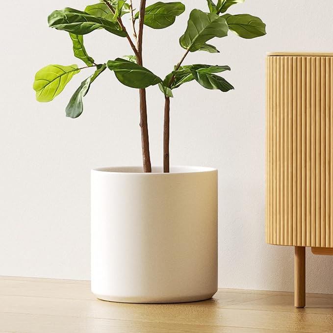 LE TAUCI 12 Inch Pot for Plants, Ceramic Planters for Indoor Plants, Mid-Century Modern Cylinder Flower Pots with Drainage Hole, Fits Fiddle Leaf Fig & Monstera, Home Decor, White