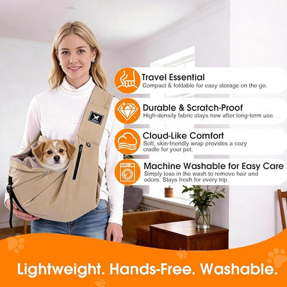Dog Sling Carrier for Small Dogs & Cats 5-20 lbs, Adjustable Depth | Breathable Air Mesh Puppy Sling, Water-Resistant Travel Bag, Double Safety Leash, Machine Washable, Hands-Free Pouch, Caramel