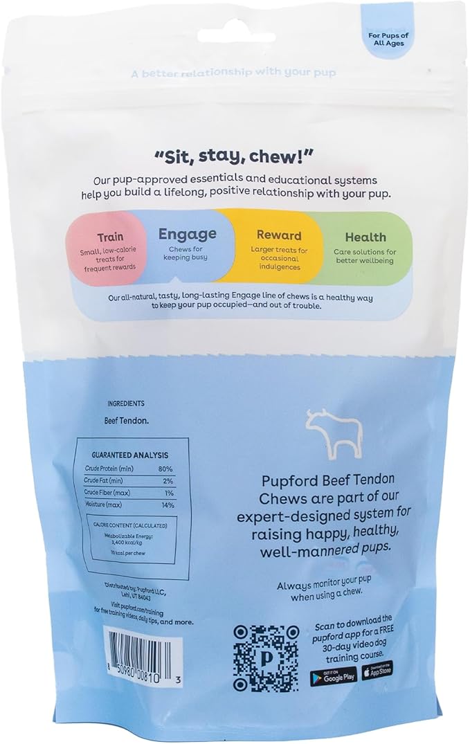 Pupford Turbo Beef Tendon Chews for Dogs & Puppies, All-Natural Dog Chew with Glucosamine for Joint Health, Long-Lasting Toy, Great for Teething (3 Count)