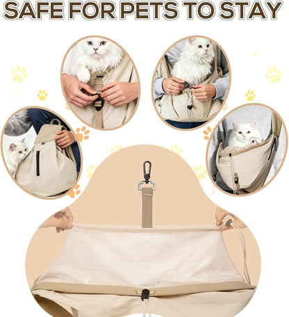 Dog Carrier Sling for Small Dogs/Cats Up to 15 lbs - Multi-Pocket Oxford Pet Sling Carrier Bag with Adjustable Strap (Beige)