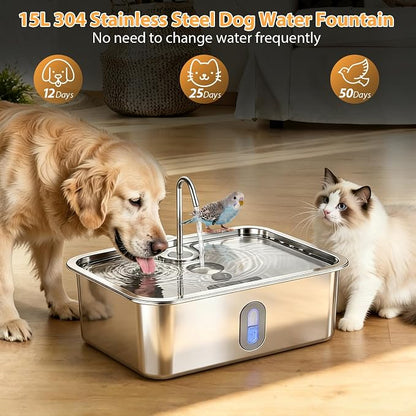 15L/4Gal Stainless Steel Dog Water Fountion Pet Fountain,1Set Filter | Ultra Quiet,Extra Large Capacity,5 Layer Filtration System,Water Level Window & LED Light, ,Visible Faucet Style Spout