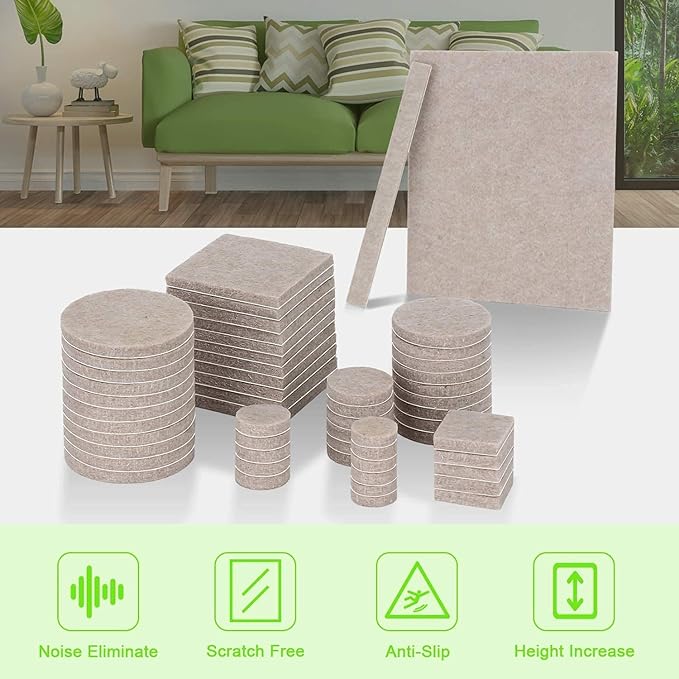 Yelanon Felt Furniture Pads -182 Pcs Premium Felt Pads for Chair Legs Furniture, Floor Protectors for Hardwood Floors, Beige
