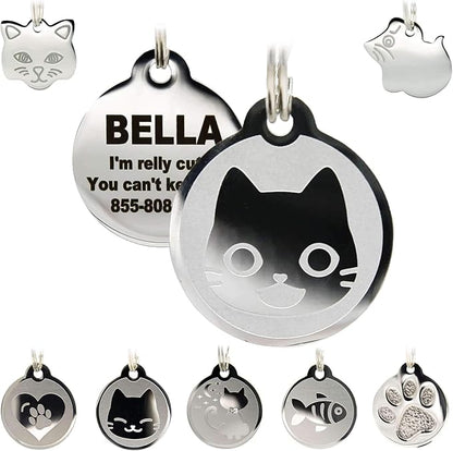 Stainless Steel Cat ID Tags - Engraved Personalized Cat Tags includes up to 4 Lines of Text with Kitty Face Shape