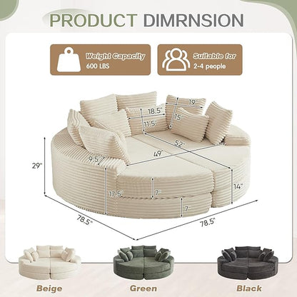 78-inch Oversized Round Chaise Lounge Chair Indoor, Convertible Folding Sofa Bed w/ 10 Pillows, Fluffy Corduroy Boneless Compressed Memory Foam Couch for Living Room, Bedroom (Beige, Left & Right)