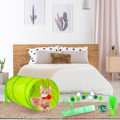24 Pcs Cat Toys Set Interactive Kitten Toys Pack Including Collapsible Play Tunnel Feather Teaser Wand Fuzzy Ball Springs Pillow Mouse Bells for Indoor Cats Puppy (Green)