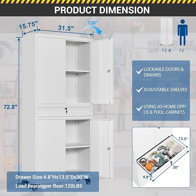 73" Metal Cabinet-White Heavy Duty Rolling Storage Cabinet Steel Tool Cabinets