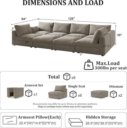 Cloud Modular Sectional Sleeper Sofa with Storage Ottoman, 128" Oversized Sectional Couches for Living Room, Cloud Modular Sleeper Sofa with Chaise, 8 Seater, Chenille, Light Gray