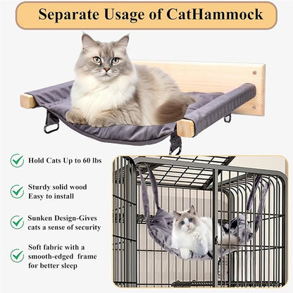 JSPYFITS Wooden Cat Furniture Wall Mounted, Double Layer Hammock, Large Size 18.9″ Removable Multi-Function Cat Bed for Sleep/Play/Climb, Kitten Window Perch, Easy DIY Installation(Grey)