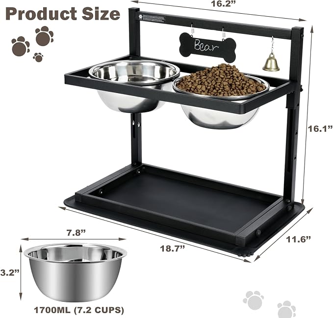 Elevated Dog Bowls with Slow Feeder for Large and Medium Dogs, Adjustable Height Raised Dog Bowl Stand with 2 Stainless Steel Bowls and Spill-Proof Mat, Dog Feeder for Healthy Eating (Grey)