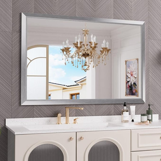 Amorho 60 X40 Inch Bathroom Mirror Silver, Thick Metal Framed Wall Mirrors