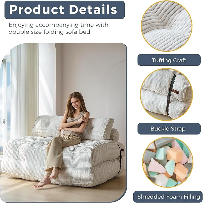 MAXYOYO Folding Sofa Bed, Convertible Sleeper Chair with Pilow Foldable Matress with Back Support, Portable Fold Out Chair Bed Comfy Floor Sofa Lounge for Living Room Bedroom, Beige, Double