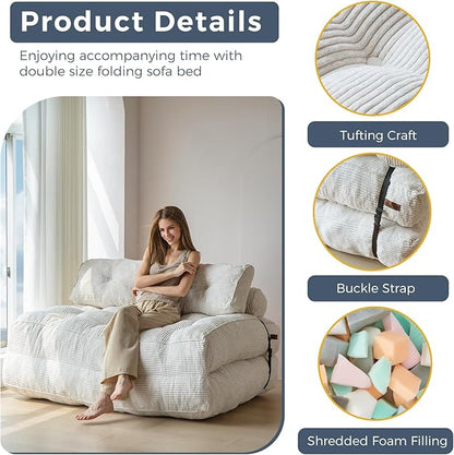 MAXYOYO Folding Sofa Bed, Convertible Sleeper Chair with Pilow Foldable Matress with Back Support, Portable Fold Out Chair Bed Comfy Floor Sofa Lounge for Living Room Bedroom, Beige, Double