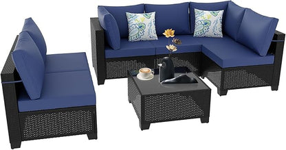 Ophelian 7 Pieces Outdoor Conversation Sectional Rattan Sofa, Patio Furniture Set, with Wicker and Cushions for Garden and Backyard, (Coffee/Deep Blue)